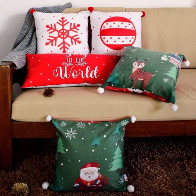 Christmas Gift Hamper Joy Of the Word Quotes Printed Reversible Cushion Set Of 5, Red, Green, White by Indigifts